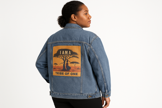 Professional mockup of a Black woman wearing your "Embrace Your Journey: A Tribe of One" denim jacket